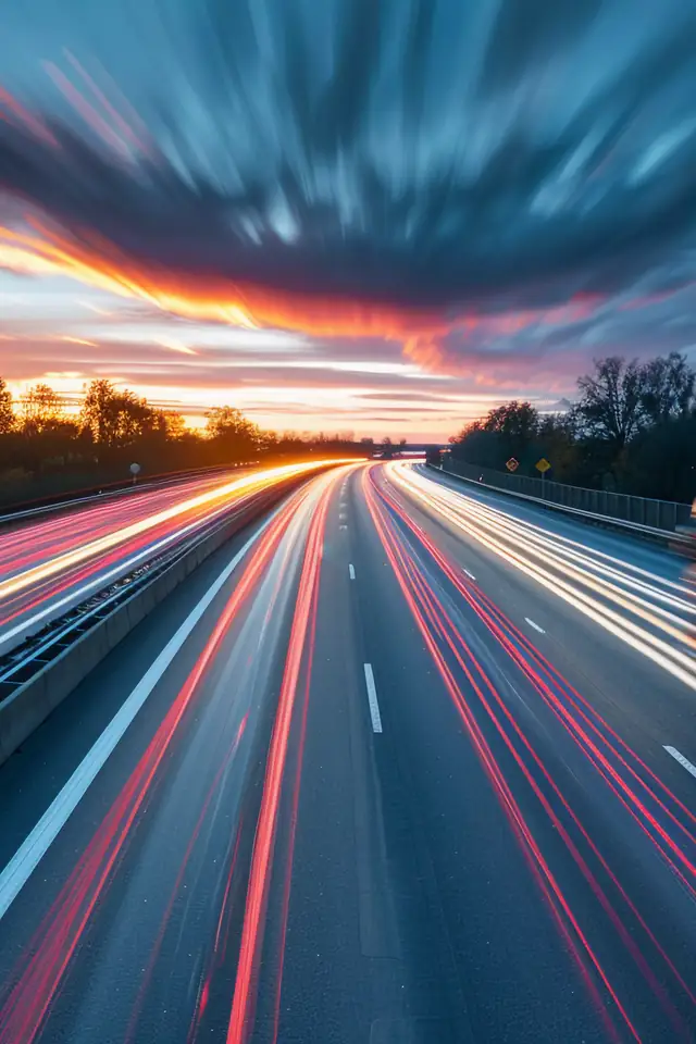A motorway at sunset, its traffic drawn into streaks of red and white light, with a truck passing on the right