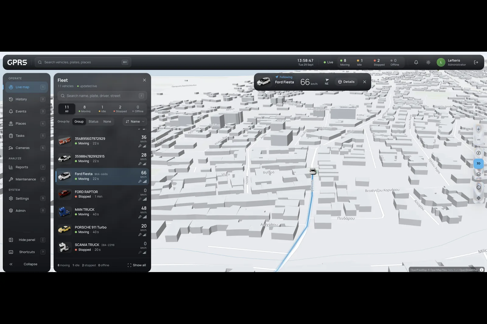SkyTrack GPRS platform on desktop showing the live map in 3D, following a car at 66 km/h
