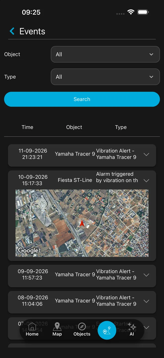 SkyTrack mobile app showing Driver Behavior Monitoring