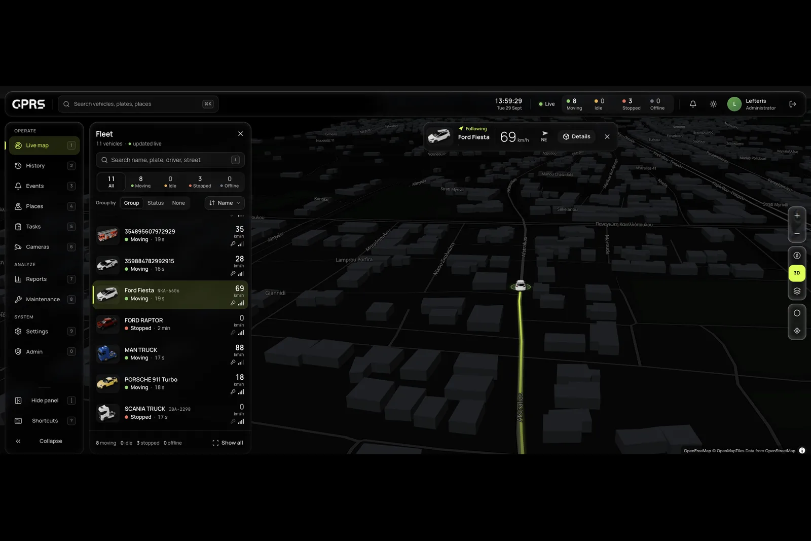 SkyTrack GPRS platform on desktop showing the live map in dark mode, following a car at 69 km/h
