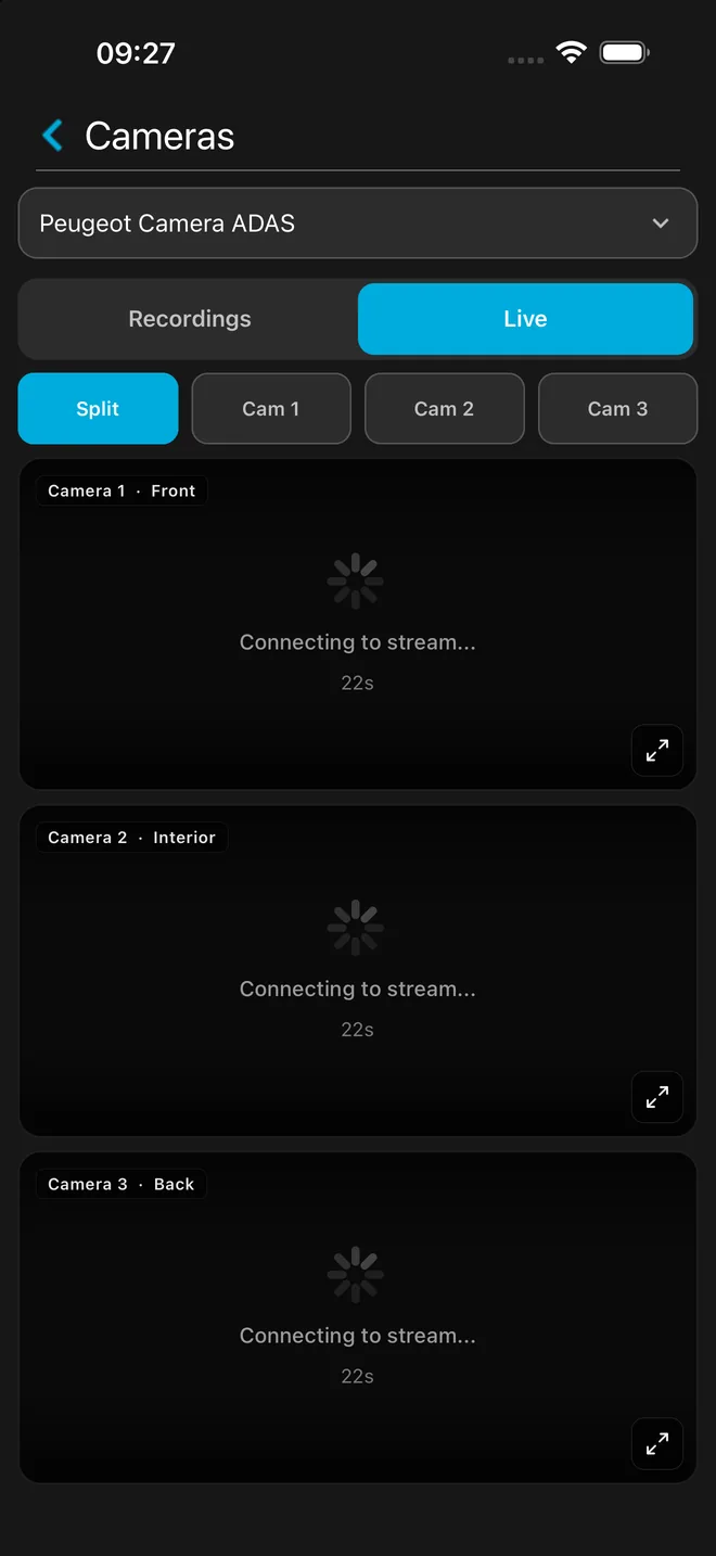 SkyTrack mobile app showing Video Telematics